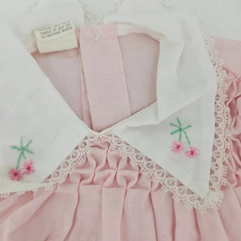 Vintage 70's Pastel Pink Lace Ruffle Frilly Smocked Dress Baby Girl 18 mo 4035